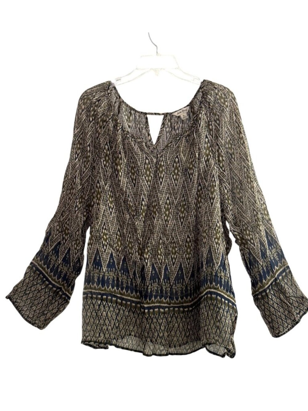 Lucky Brand Sheer Boho Green Blue Geometric Pattern Long Sleeves NWT Womens XL